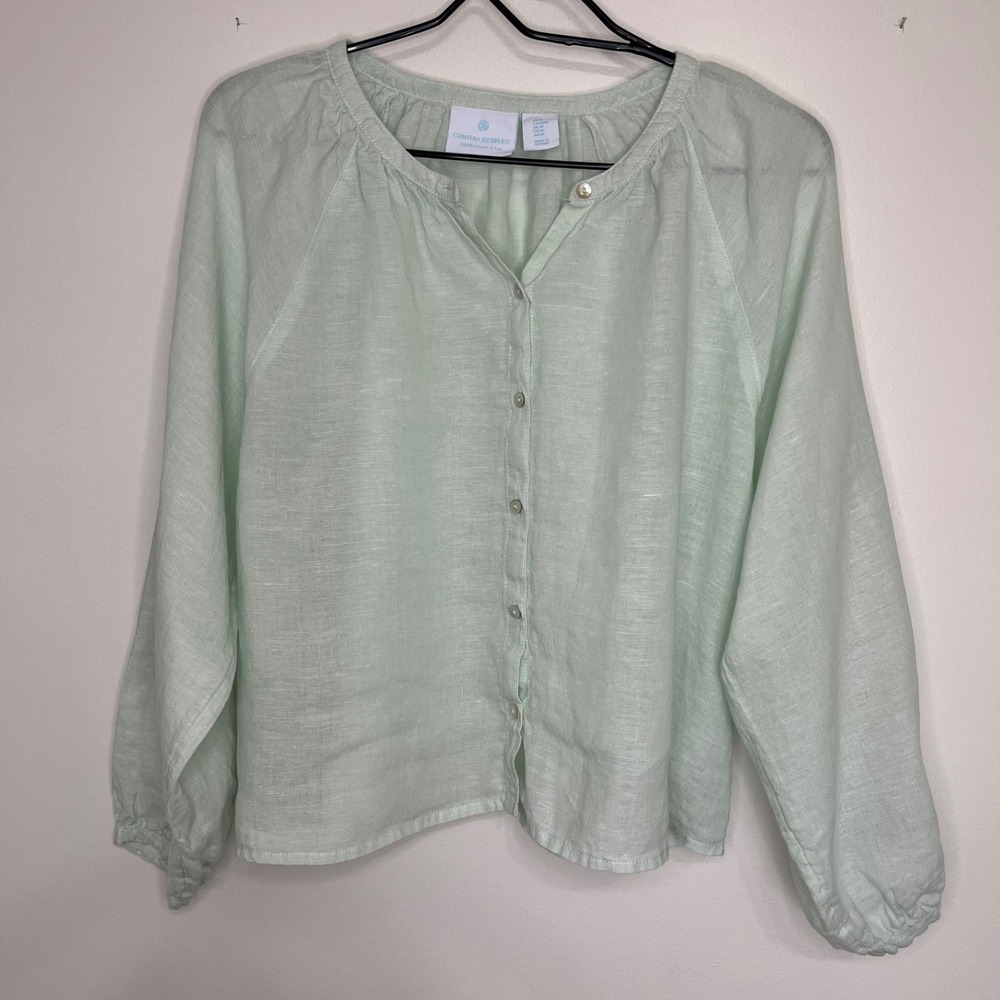 Cynthia Rowley Linen Top Women's M Coastal Breathable Balloon Sleeve Button
